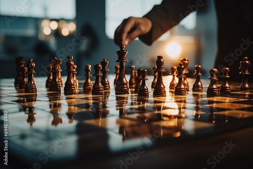 A chessboard reflects a businessmans concept of planning, strategy, and tactics