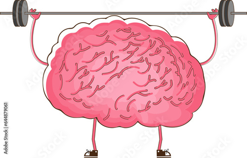 Human Brain Holding Barbell Cartoon Character Element In Flat Style.
