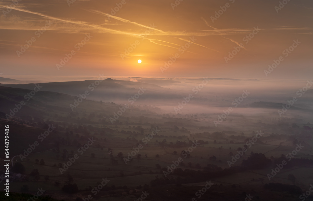 Sunrise and morning fog over Hope Valley, Peak District, UK