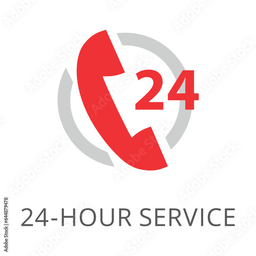 Red handset symbol of round clock 24 hour service isolated on white. Colored flat vector icon of hotline symbol. Computer and mobile devices interface concept