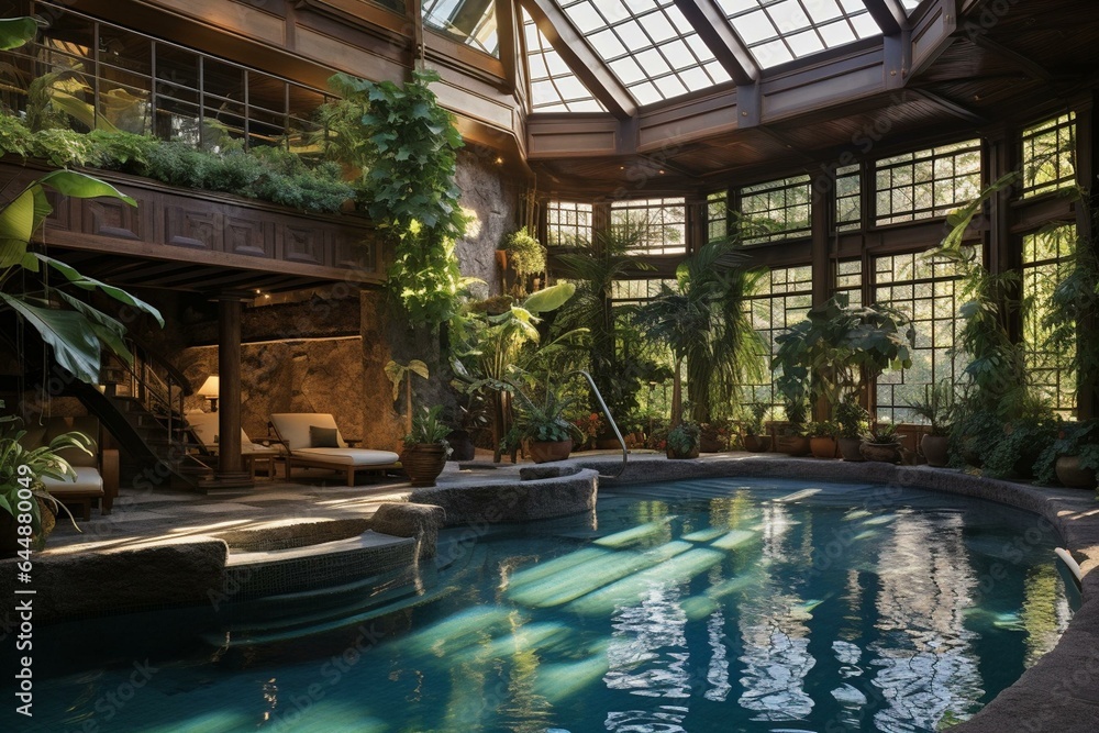 A spacious indoor pool enveloped by lush plants and sunlit ambiance. Generative AI