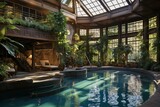 A spacious indoor pool enveloped by lush plants and sunlit ambiance. Generative AI