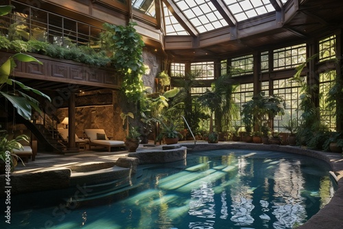 A spacious indoor pool enveloped by lush plants and sunlit ambiance. Generative AI © Meliora