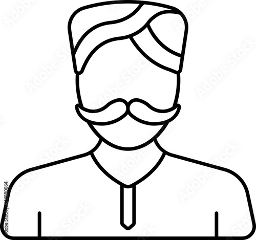 Black Line Art Illustration Of Indian Mustache Man In Traditional Dress Icon.