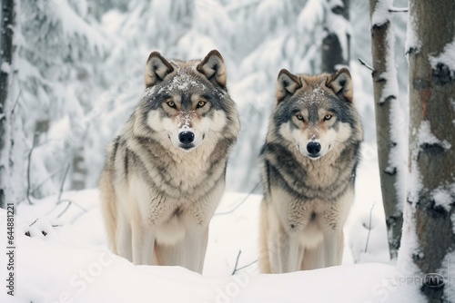 Two wolves in winter forest. Generative AI