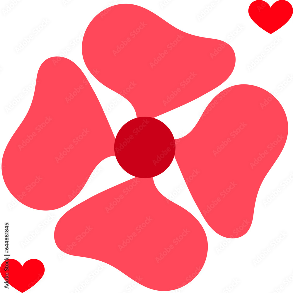 Flat Style Flower With Hearts Icon In Red Color. Flat Style Flower With Hearts Icon In Red Color.