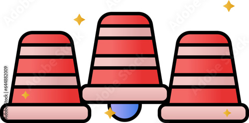 Magic Trick With Three Cups And Ball Icon In Red And Blue Color.