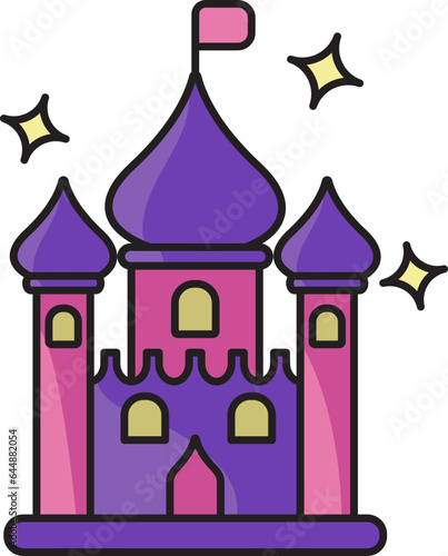 Purple And Pink Castle Icon In Flat Style.