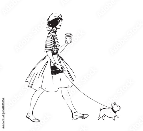 A beautiful fashionable girl in a skirt walks with a French bulldog and coffee in her hand. Modern hand drawn illustration, line vector isolated on white background.