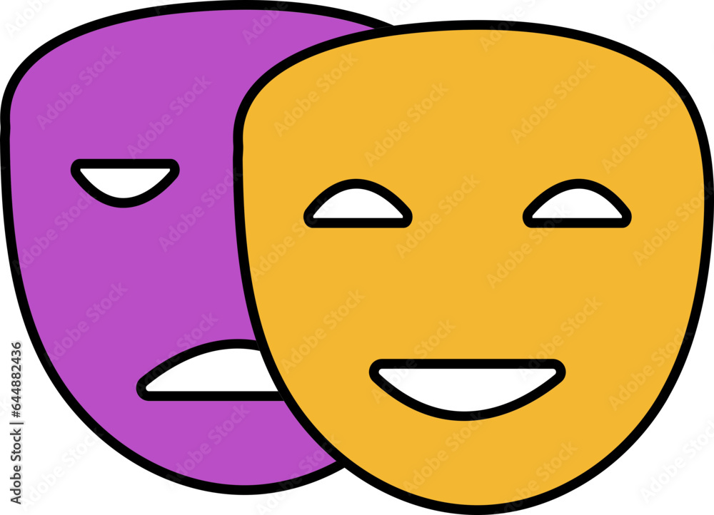 Happy Or Sad Mask Icon In Yellow And Purple Color. Happy Or Sad Mask Icon In Yellow And Purple Color.