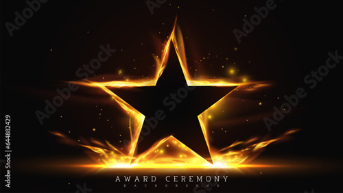 Black star frame with fire effects decorations and bokeh elements on dark scene. Award ceremony background. Vector illustration.