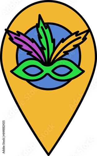 Feather Mask Map Pin Colorful Icon IN Flat Style.