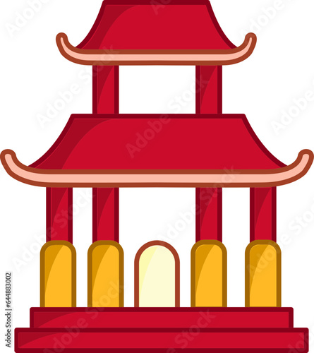 Red And Yellow Chinese Building Icon In Flat Style.