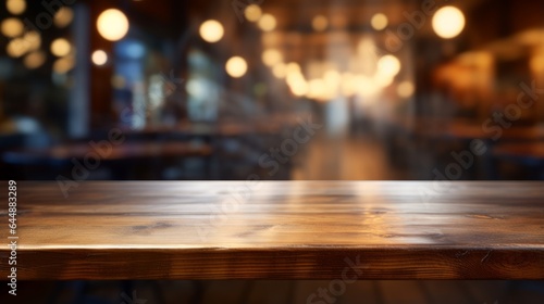 Photo of a wooden table top with a blurred background © mattegg