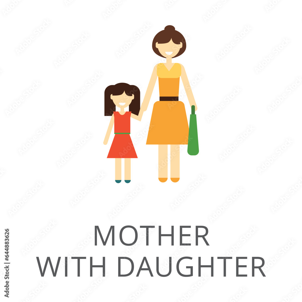 Mother holding hand of daughter flat vector icon. Cartoon drawing or illustration of woman and girl standing together on white background. Relationship, family, love, parenting concept Mother holding hand of daughter flat vector icon. Cartoon drawing or illustration of woman and girl standing together on white background. Relationship, family, love, parenting concept