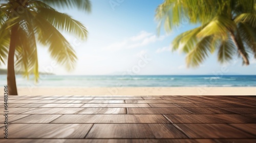 Photo of a beach view from a rustic wooden table