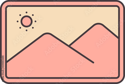 Sun With Mountains Painting Icon In Peach Yellow And Red Color.