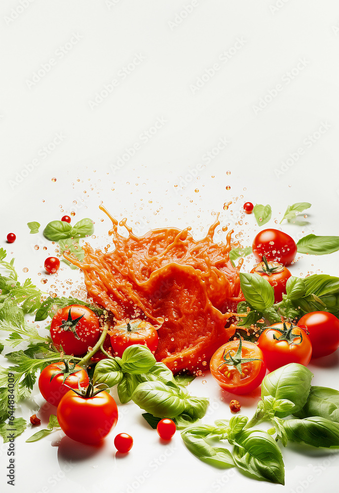 Tomato juice splashing with fresh tomatoes and basil leaves at white background Tomato juice splashing with fresh tomatoes and basil leaves at white background