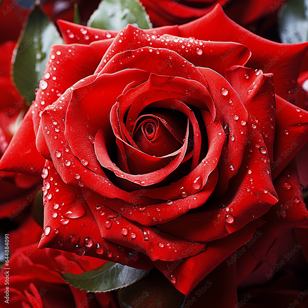 Close up of red rose bloom with water drops Close up of red rose bloom with water drops