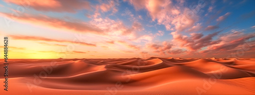 Global warming concept. Lonely sand dunes under dramatic evening sunset sky at drought desert landscape, digital ai