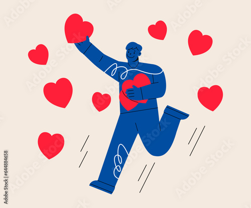 Smiling man running collecting red hearts in hands feeling love. Love, happiness and positive emotions concept. Colorful vector illustration