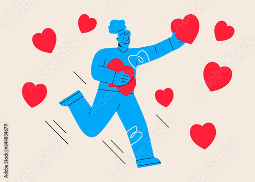 Smiling woman running collecting red hearts in hands feeling love. Love, happiness and positive emotions concept. Colorful vector illustration