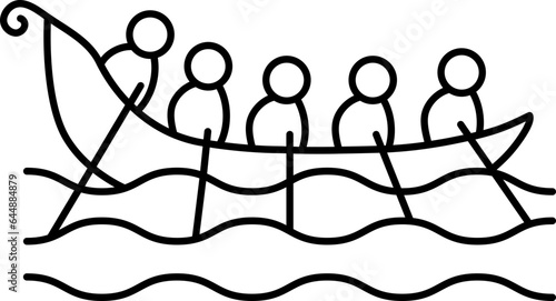 Black Line Art Of People Boating Snake Boat Icon Or Symbol.