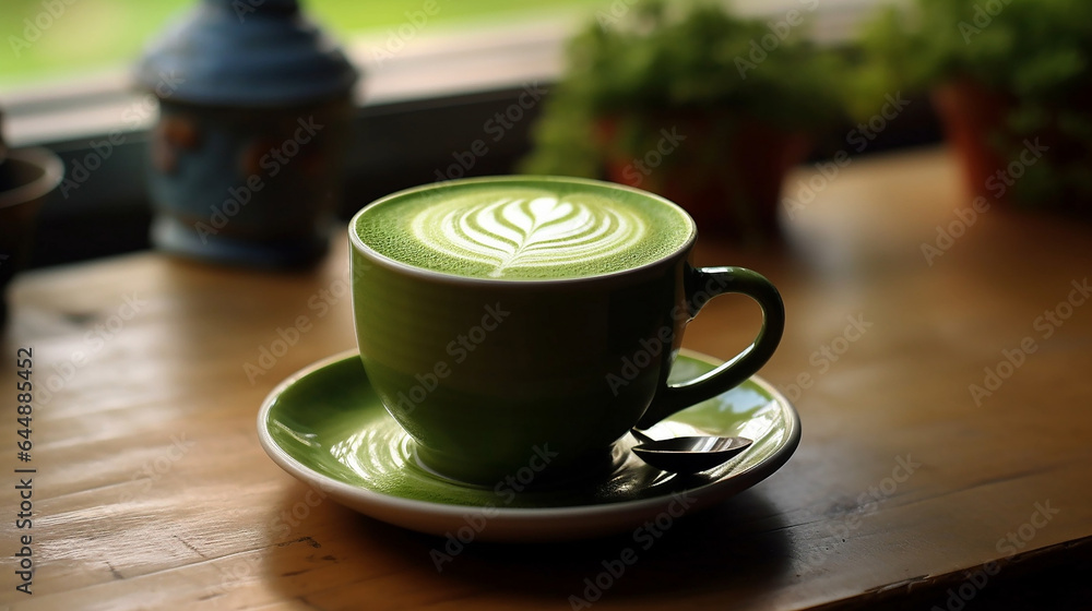 Cup of a delicious and gourmet matcha latte with their classic green color and a beautiful desing 