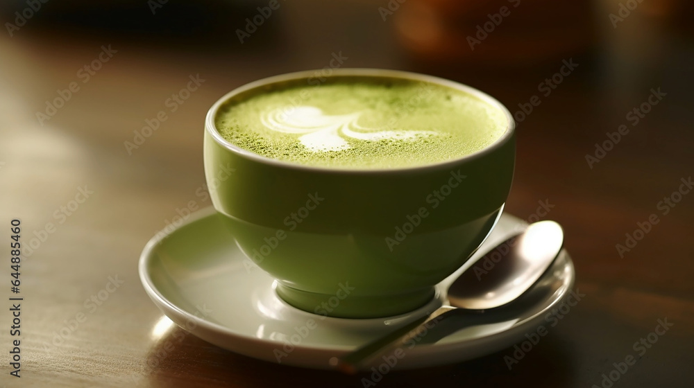 Cup of a delicious and gourmet matcha latte with their classic green color and a beautiful desing Cup of a delicious and gourmet matcha latte with their classic green color and a beautiful desing