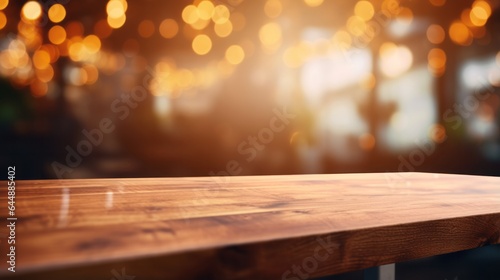 Photo of a wooden table with bokeh lights in the background