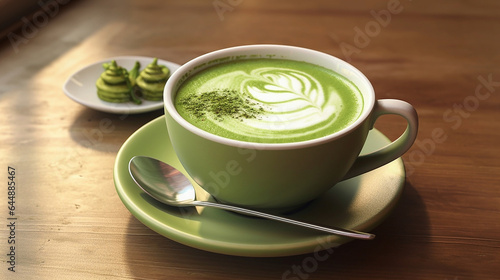 Cup of a delicious and gourmet matcha latte with their classic green color and a beautiful desing 
