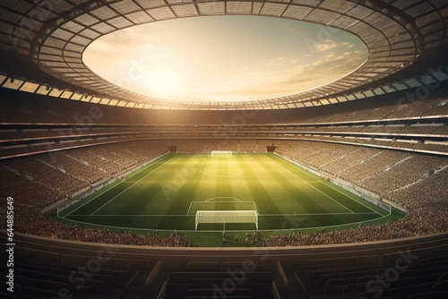 3D rendering of a soccer stadium with a packed field and arena. Generative AI
