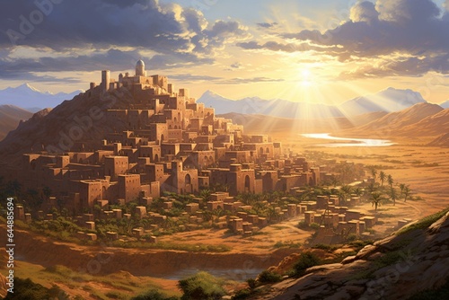 Moroccan landscape with an ancient stone city gleaming in the sun's rays. Generative AI