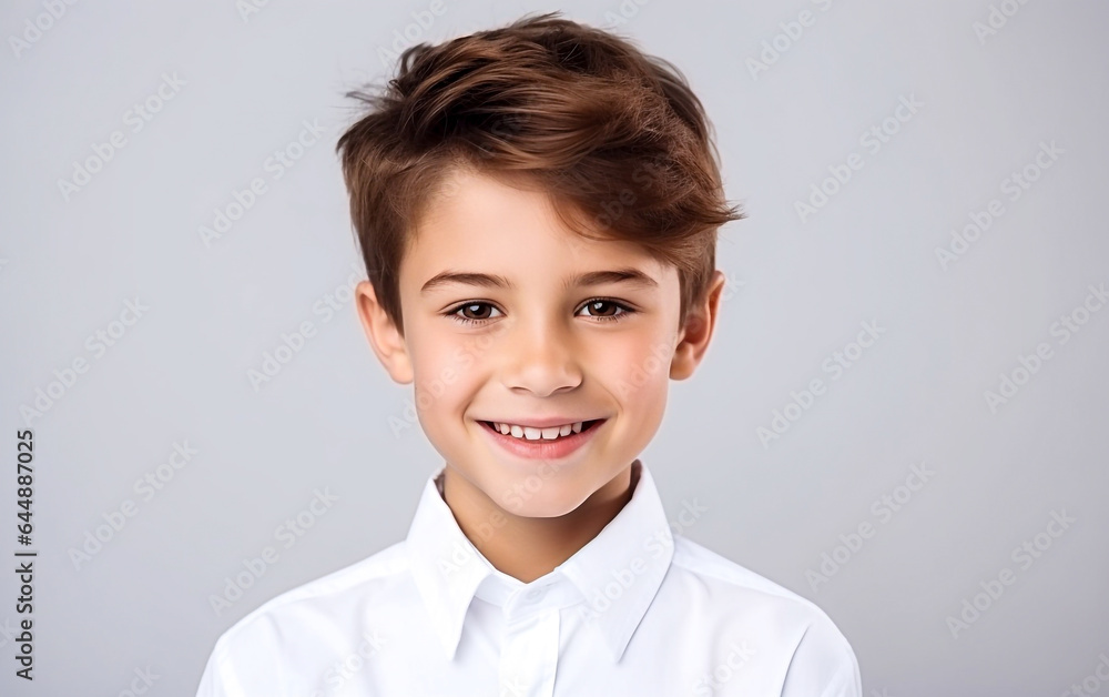 A beautiful smiling child isolated on light grey background A beautiful smiling child isolated on light grey background