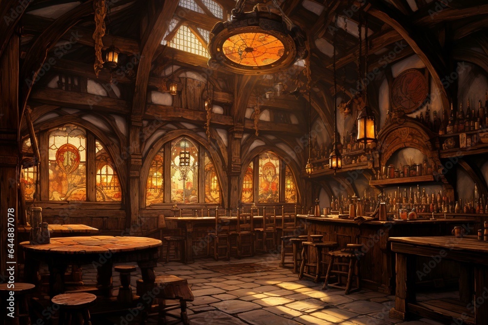 Illustration depicting a vast medieval tavern bar. Generative AI