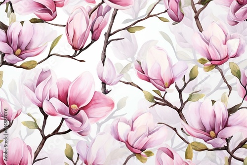 Pattern depicting magnolia flowers using watercolor technique. Generative AI © Darian