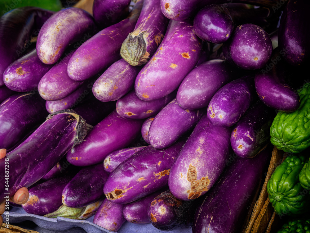 Aubergines Eggplants on a chinese farmers market in San Francisco, USA