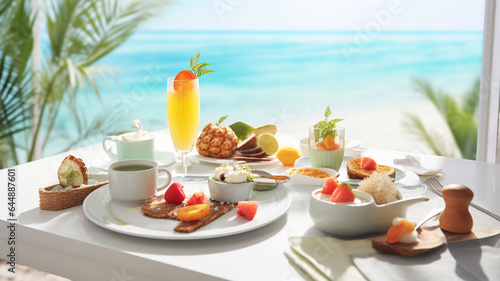 beautiful breakfast on a beach with fruit and a croissant