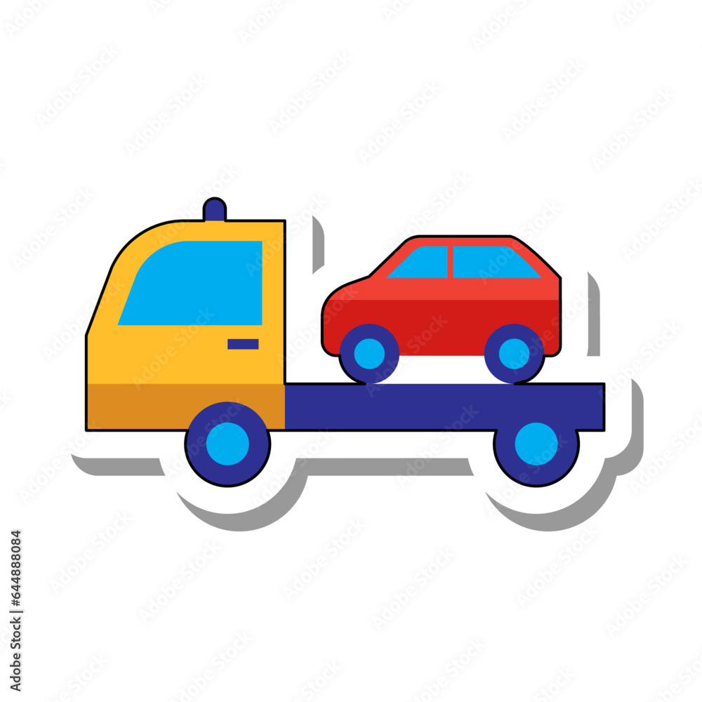Forklift for evacuation of broken cars. Vehicle for improperly parked cars. Construction vehicle equipment and auto parts for repair concept. Flat paper sticker icon isolated on white background