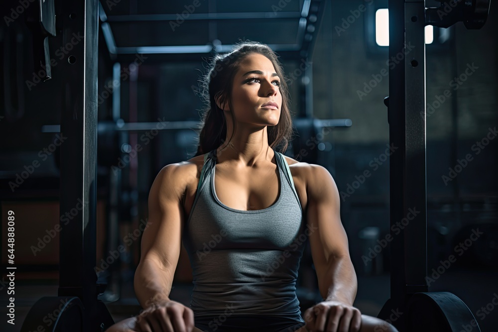Young Caucasian woman sitting on a gym bench after workout.