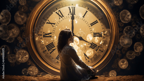 woman sitting in front of the clock
