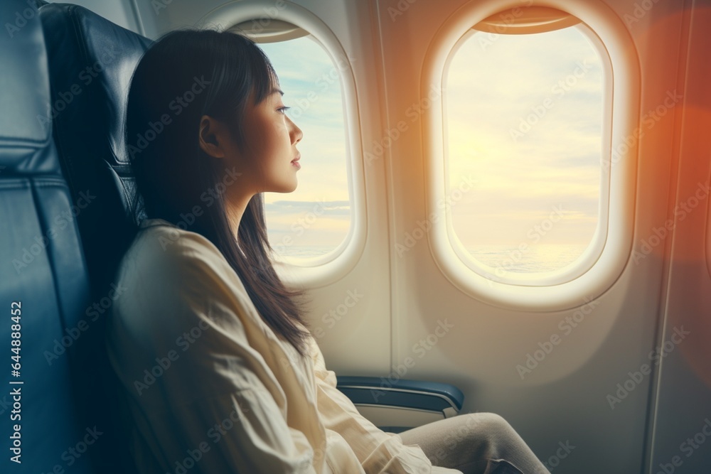 Beautiful Asian woman traveling by airplane and looking through window.
Beautiful Asian woman traveling by airplane and looking through window.