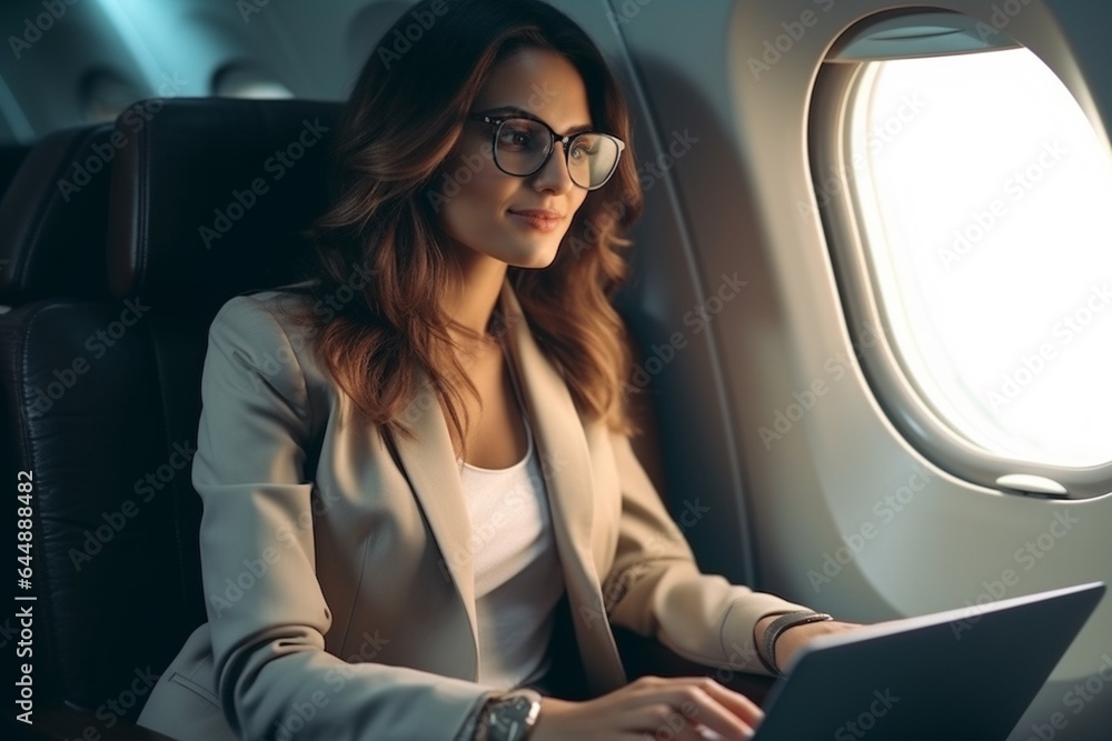 beautiful businesswoman using laptop while sitting on airplane seat during flight