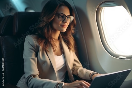 beautiful businesswoman using laptop while sitting on airplane seat during flight © Viewvie