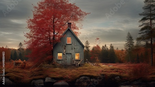  a house with a red tree in front of it and a body of water in front of it. generative ai