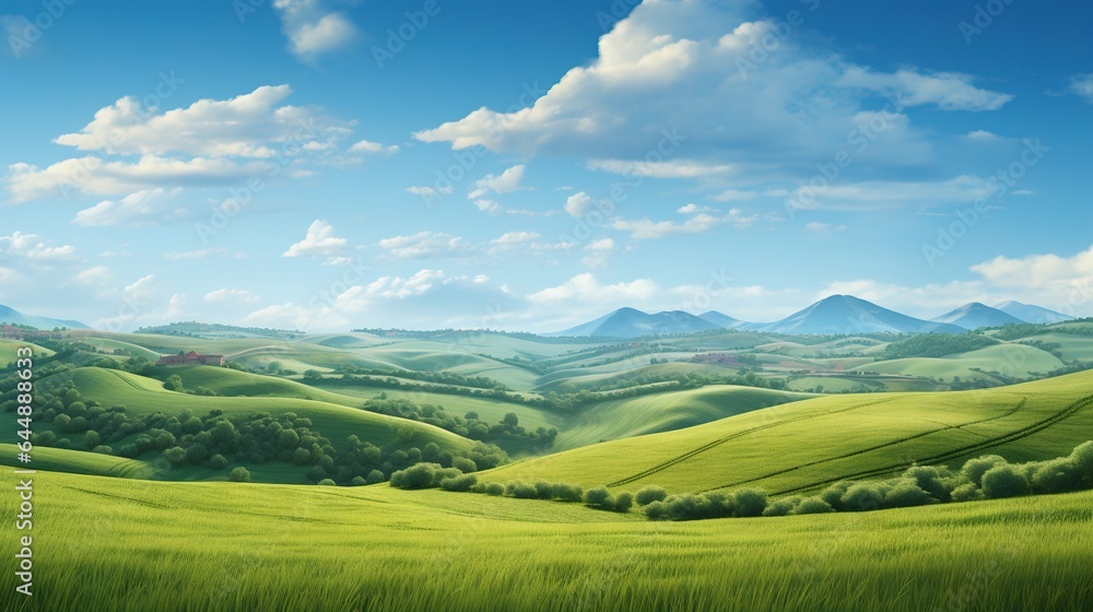 Naklejka premium a painting of a green landscape with mountains in the distance. generative ai