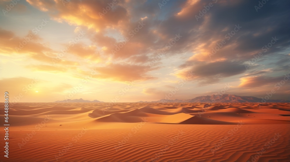 Photo of a breathtaking desert landscape with majestic sand dunes and distant mountains Photo of a breathtaking desert landscape with majestic sand dunes and distant mountains