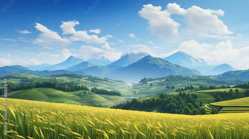 Fototapeta premium a painting of a green field with mountains in the background. generative ai