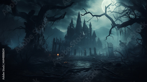 Horror Halloween haunted house in creepy night forest