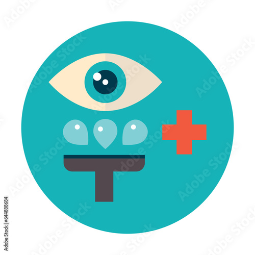 Irrigation of the pupil of eye vector. Moisturizing and eliminating dryness of eyeball. Multicolored flat vector icon representing medicine items concept isolated on white background